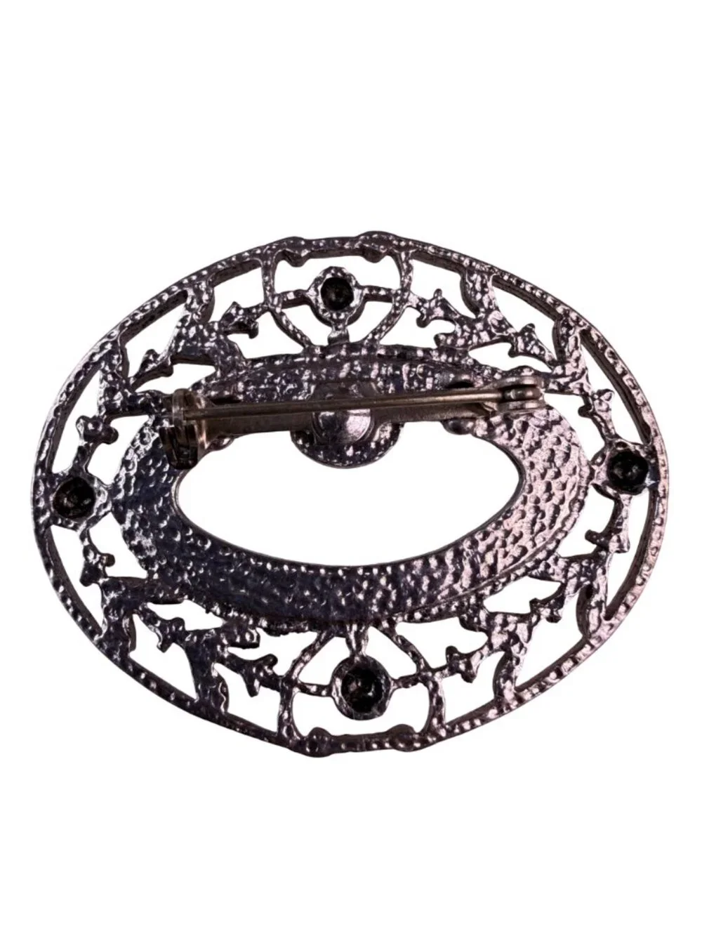 Vintage Womens Silver Tone Metal Oval Filigree Brooch Faux Pearl